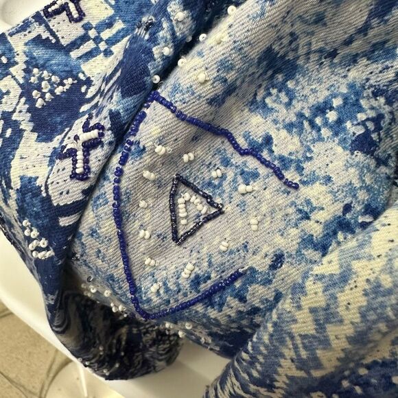 Chico’s Mixed Artisan Pattern Beaded Cropped Jean Jacket in Mysterious Blue XL - Picture 11 of 12